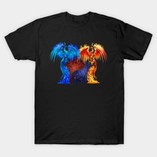 Fantasy Fire And Ice Phoenix Red Blue Yin Yang T-Shirt